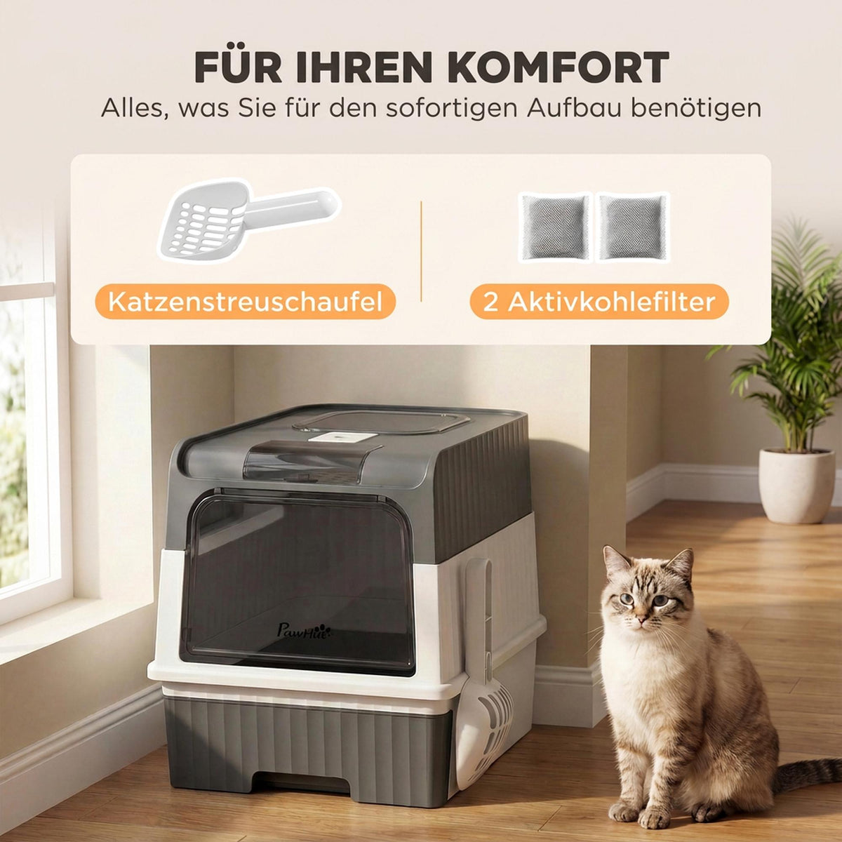 Cat Litter Box with Lid, Drawer & Top Exit, 48L