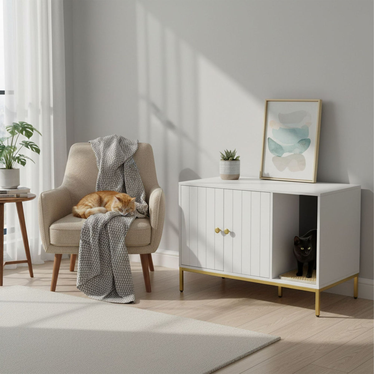 Cat Litter Cabinet – Wood-Effect, Metal Frame, 2-Door Design