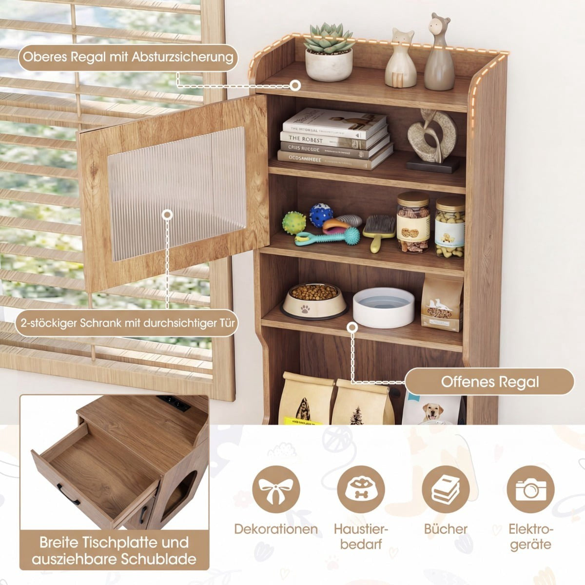 Cat Litter Cabinet with Adjustable LED Light & Storage