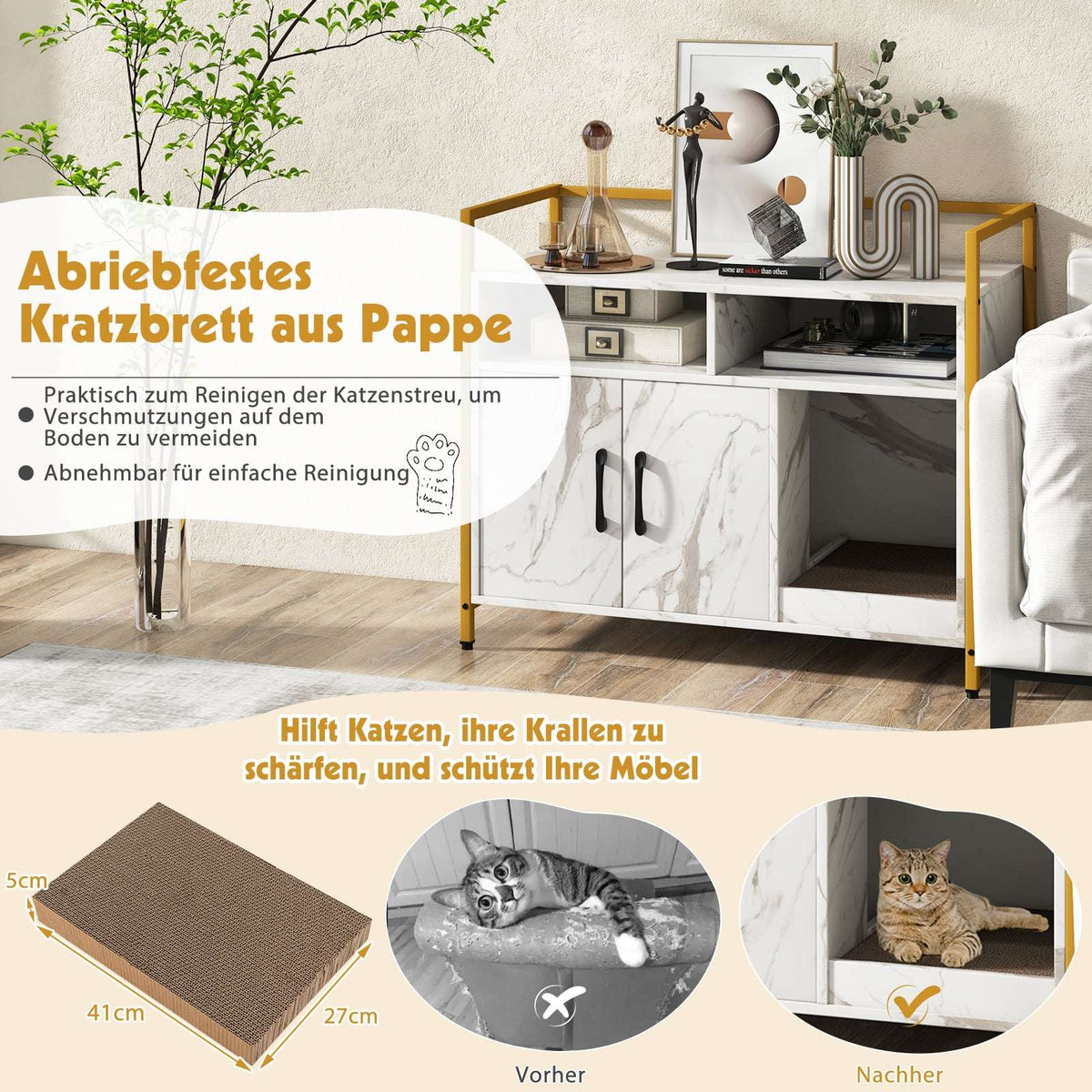 Cat Litter Cabinet with Double Doors & Scratch Pad