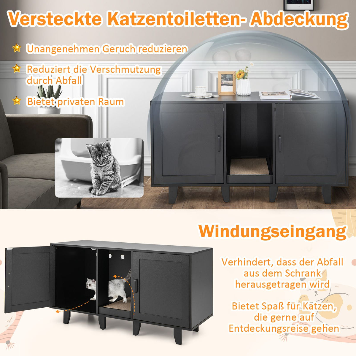 Cat Litter Cabinet with Scratching Board, 2 Doors, Black