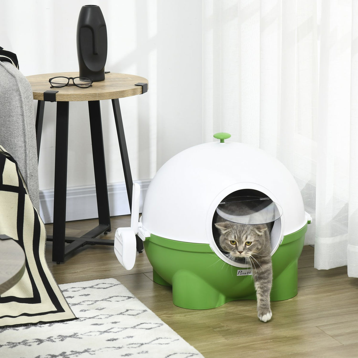 Cat Litter Tray Lid Scoop For Cats Up To 4Kg Indoor Plastic Green+White 53X51X48Cm
