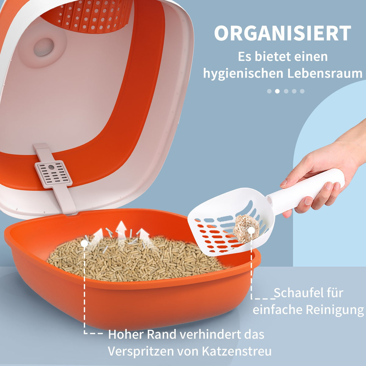 Cat Litter Tray With Lid Cat Litter Tray Deodorant Floor Grid Scoop For Cats Up To 5Kg White Orange 52X41X38Cm