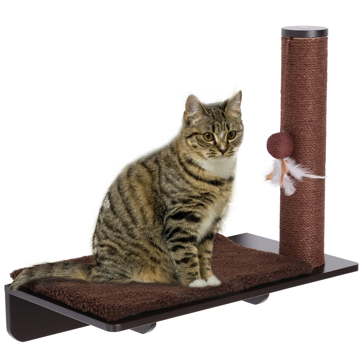 Cat Lounger With Scratching Post Comfortable Cat Shelf, Plush Cushion, Mdf, Brown, 55X30X50Cm