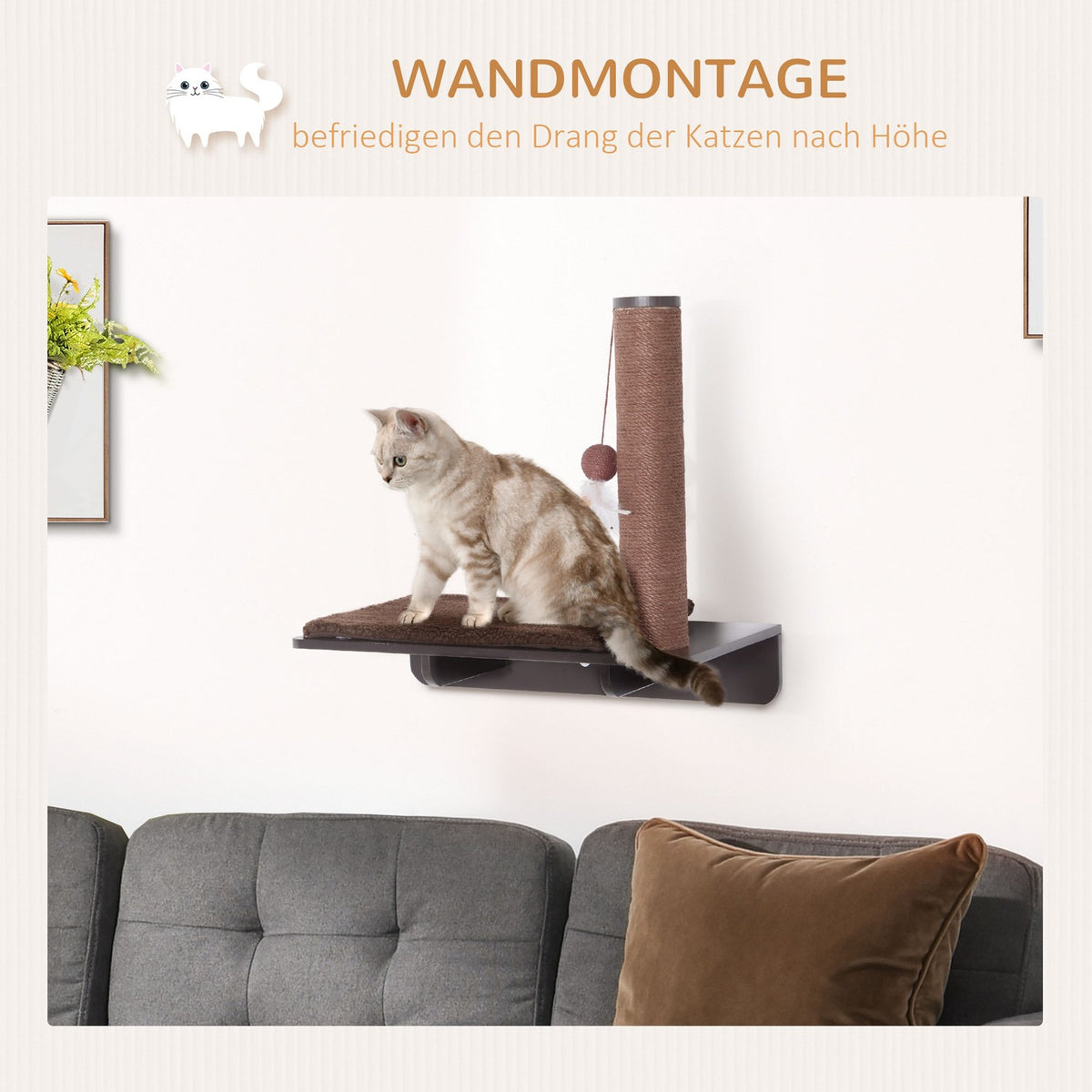 Cat Lounger With Scratching Post Comfortable Cat Shelf, Plush Cushion, Mdf, Brown, 55X30X50Cm
