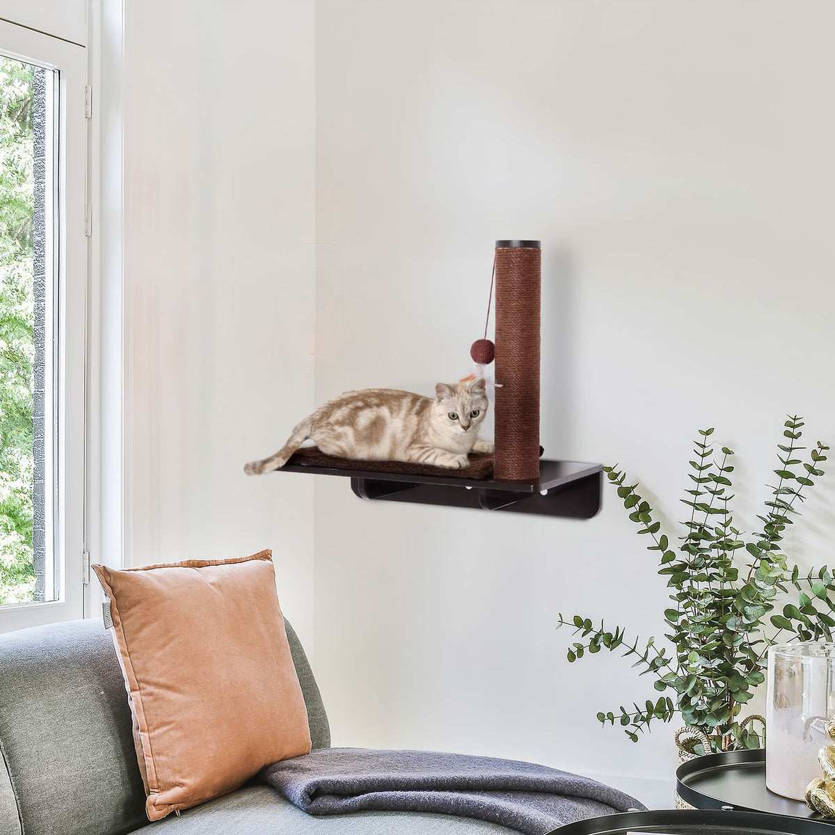 Cat Lounger With Scratching Post Comfortable Cat Shelf, Plush Cushion, Mdf, Brown, 55X30X50Cm