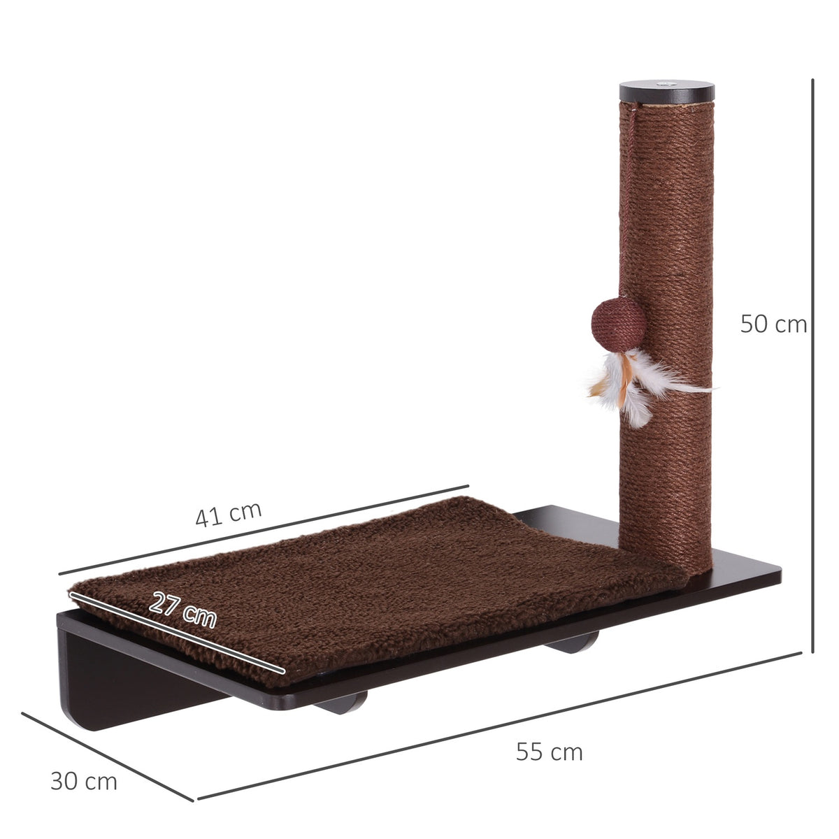 Cat Lounger With Scratching Post Comfortable Cat Shelf, Plush Cushion, Mdf, Brown, 55X30X50Cm