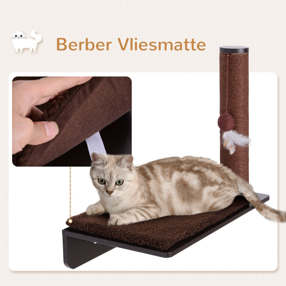 Cat Lounger With Scratching Post Comfortable Cat Shelf, Plush Cushion, Mdf, Brown, 55X30X50Cm