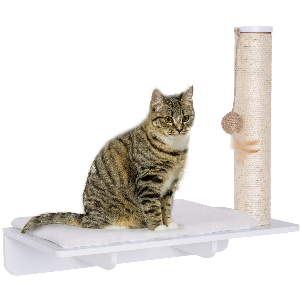 Cat Lounger With Scratching Post Entertaining Cat Shelf With Ball Toy Plush Cushion White 53Cm