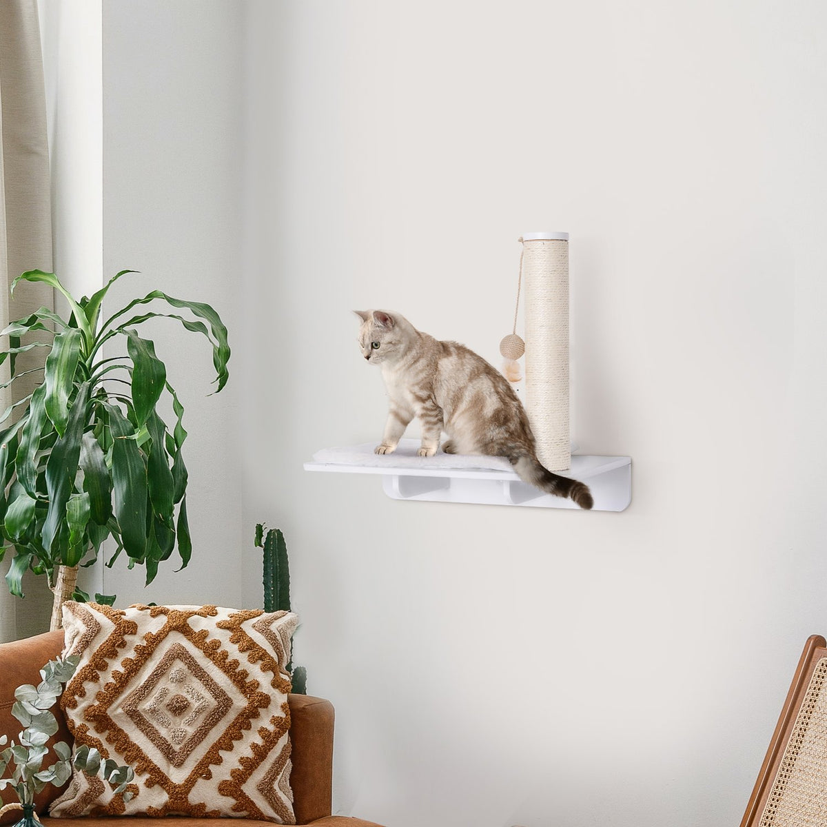 Cat Lounger With Scratching Post Entertaining Cat Shelf With Ball Toy Plush Cushion White 53Cm