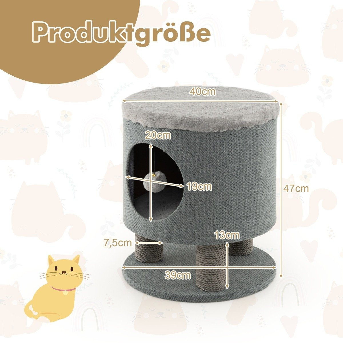 Cat Ottoman with Sisal Posts & Plush Seat, 40x40x47 cm, Gray