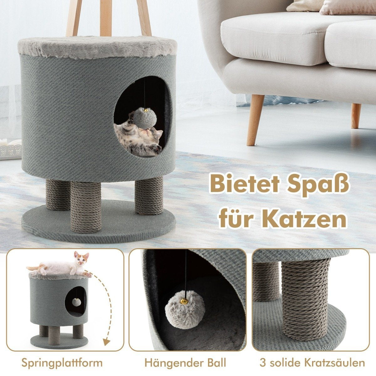 Cat Ottoman with Sisal Posts & Plush Seat, 40x40x47 cm, Gray