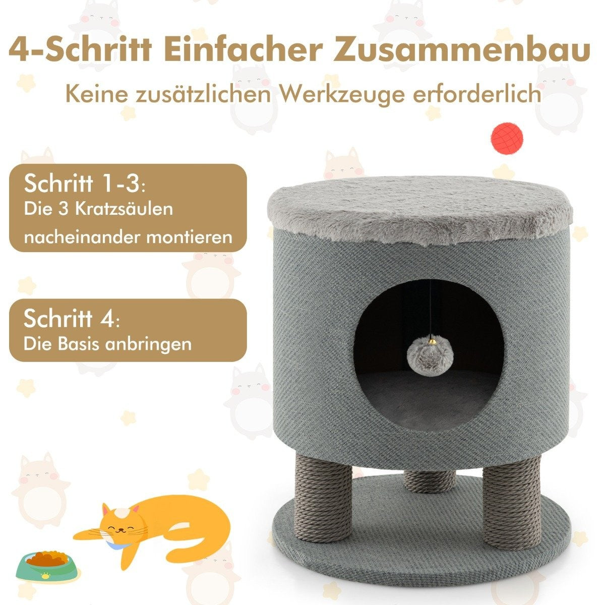 Cat Ottoman with Sisal Posts & Plush Seat, 40x40x47 cm, Gray