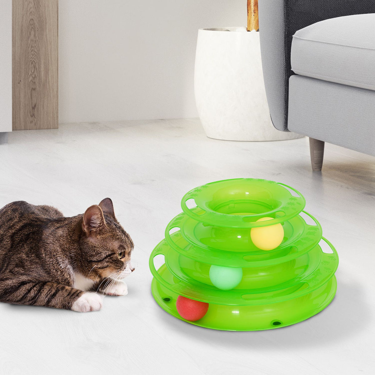 Cat Play Tower Toy Marble Run Spinning Top With 3 Balls, 3 Tiers, Green, L25Xw16Xh13Cm
