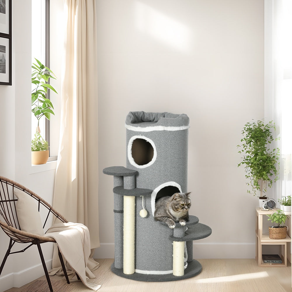 Cat Scratching Barrel 99 Cm Play Barrel With Cat Bed, Play Ball & Platforms, Cat Furniture, Grey