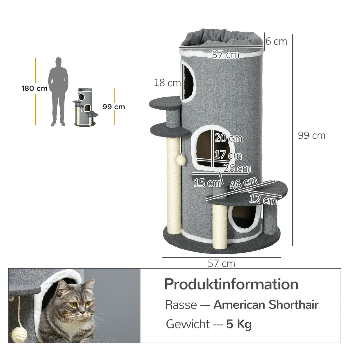 Cat Scratching Barrel 99 Cm Play Barrel With Cat Bed, Play Ball & Platforms, Cat Furniture, Grey