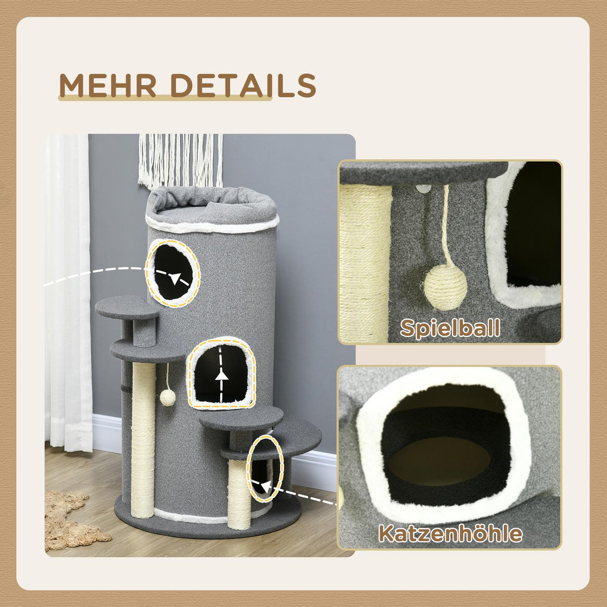Cat Scratching Barrel 99 Cm Play Barrel With Cat Bed, Play Ball & Platforms, Cat Furniture, Grey