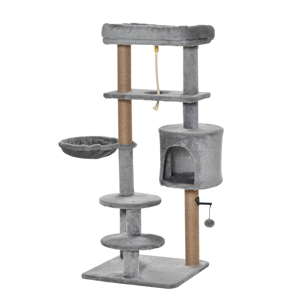 Cat Scratching Post 120Cm With Basket, Cat Cave, Play Ball, Indoor Climbing Tower, Jute Trunk, Light Gray, Up To 5Kg