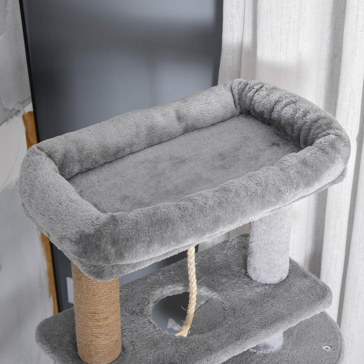 Cat Scratching Post 120Cm With Basket, Cat Cave, Play Ball, Indoor Climbing Tower, Jute Trunk, Light Gray, Up To 5Kg