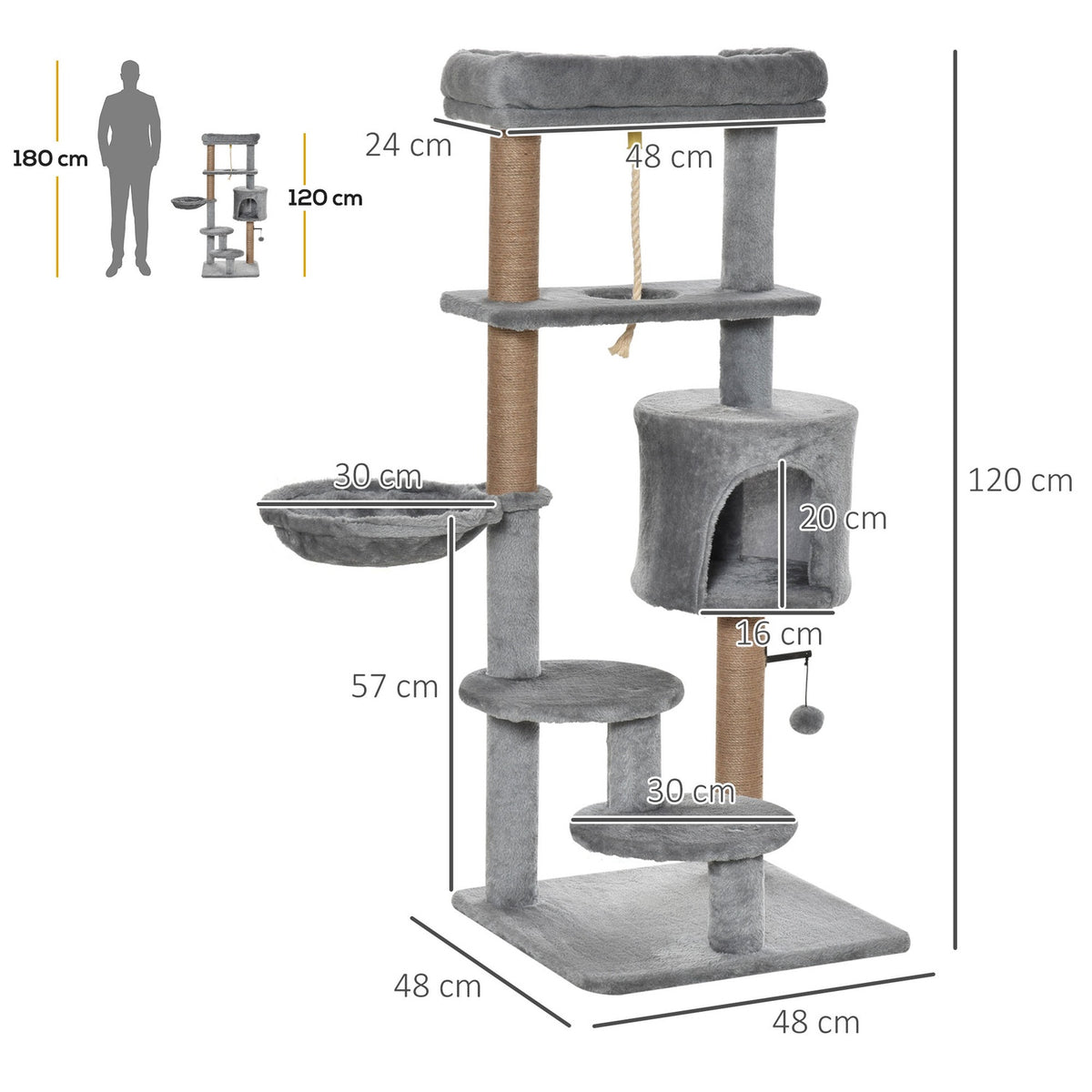 Cat Scratching Post 120Cm With Basket, Cat Cave, Play Ball, Indoor Climbing Tower, Jute Trunk, Light Gray, Up To 5Kg
