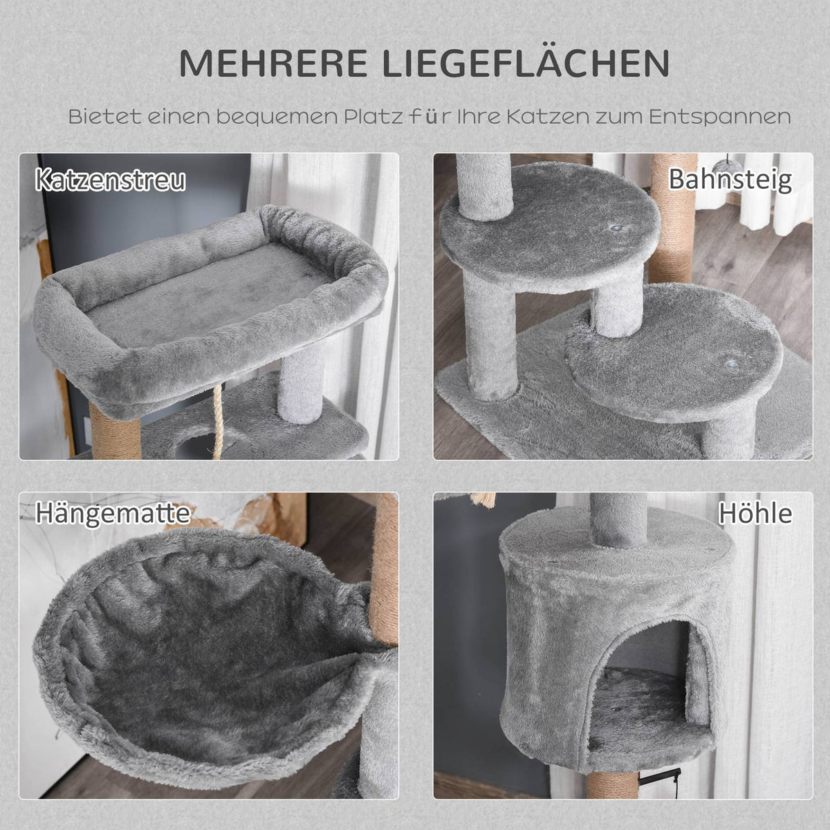 Cat Scratching Post 120Cm With Basket, Cat Cave, Play Ball, Indoor Climbing Tower, Jute Trunk, Light Gray, Up To 5Kg