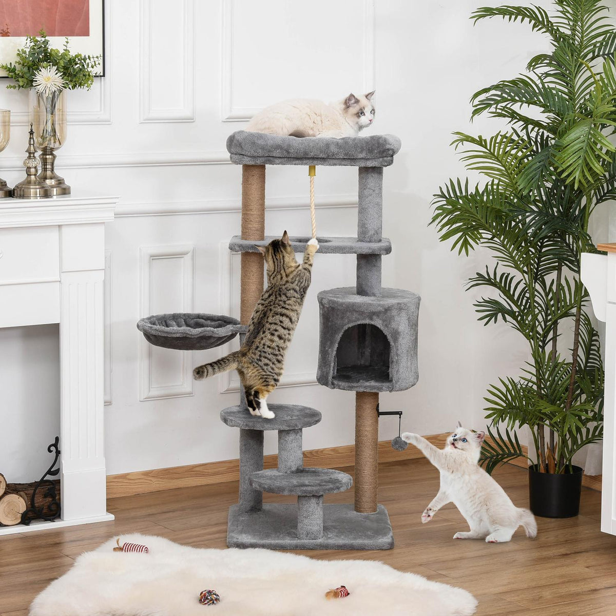 Cat Scratching Post 120Cm With Basket, Cat Cave, Play Ball, Indoor Climbing Tower, Jute Trunk, Light Gray, Up To 5Kg