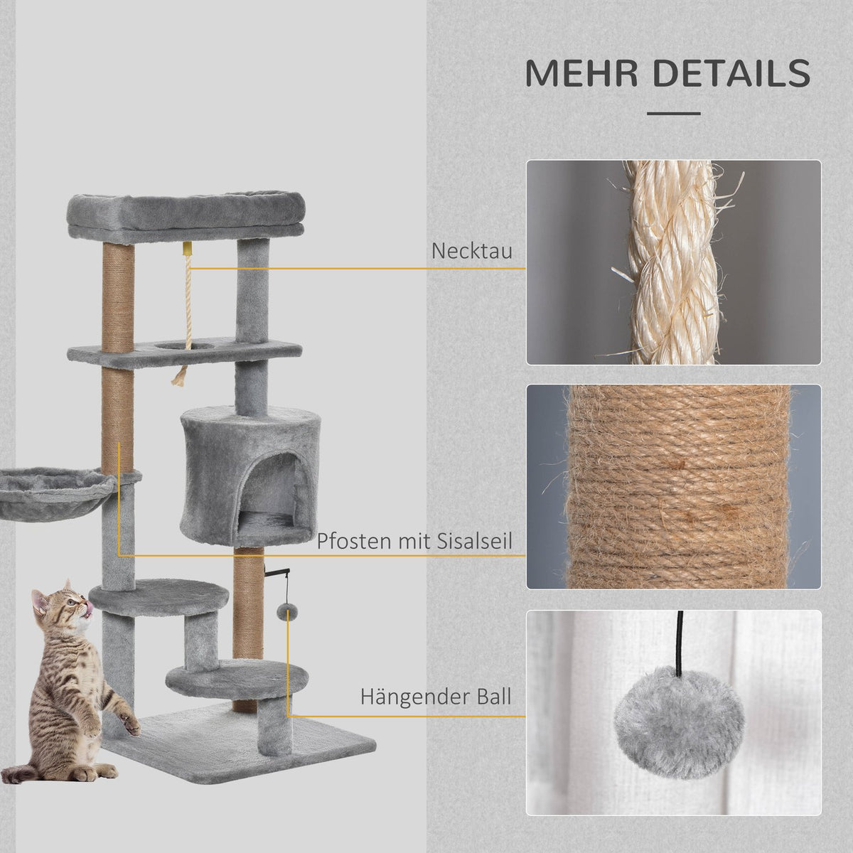 Cat Scratching Post 120Cm With Basket, Cat Cave, Play Ball, Indoor Climbing Tower, Jute Trunk, Light Gray, Up To 5Kg