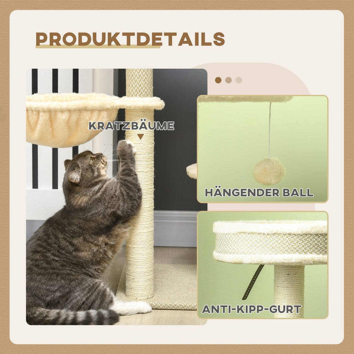 Cat Scratching Post 124Cm With Basket & Play Ball Climbing Tower, 2 Lying Surfaces, For Cats Up To 5Kg