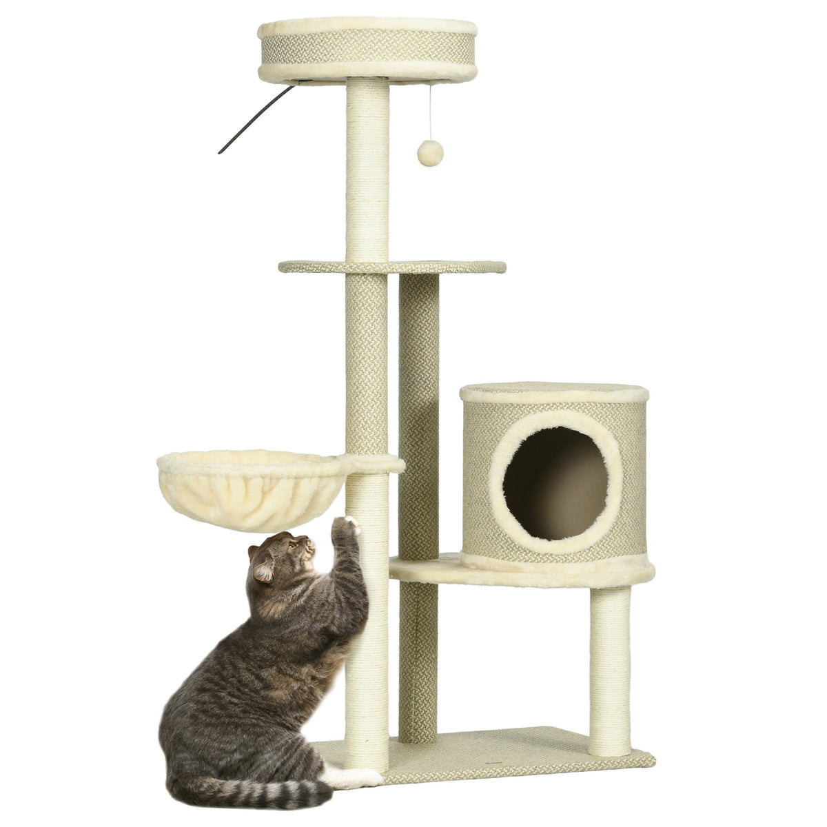 Cat Scratching Post 124Cm With Basket & Play Ball Climbing Tower, 2 Lying Surfaces, For Cats Up To 5Kg