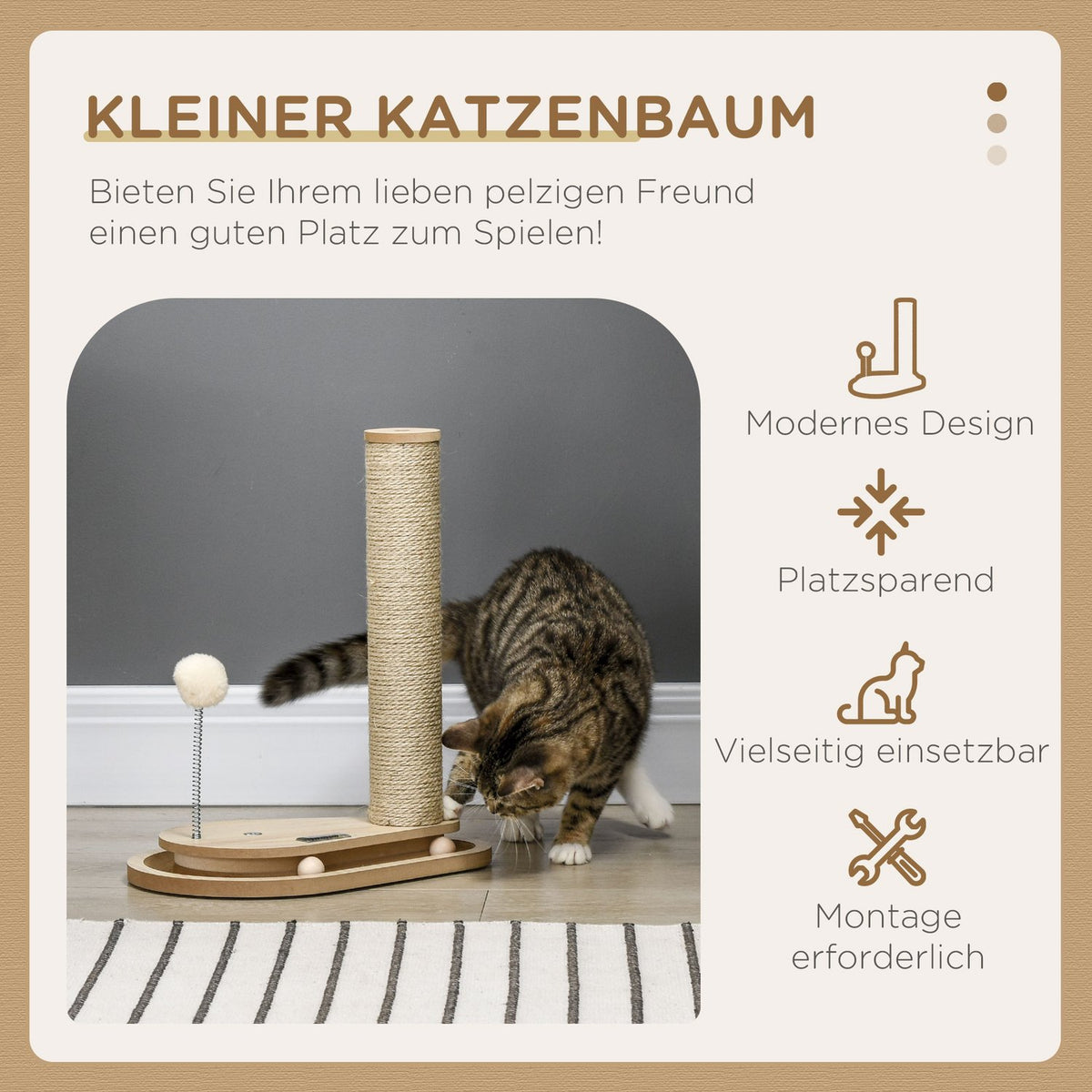Cat Scratching Post 40 Cm, With Wooden Ball Toy & Turntable, Natural