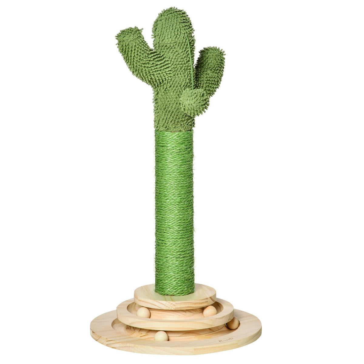 Cat Scratching Post Cactus Design, Pine Wood & Sisal Rope, With Wooden Ball Toy, 60Cm, Green+Natural