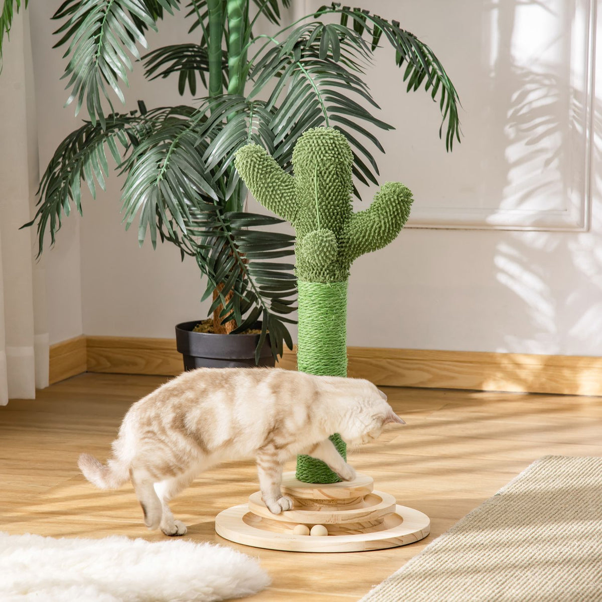 Cat Scratching Post Cactus Design, Pine Wood & Sisal Rope, With Wooden Ball Toy, 60Cm, Green+Natural