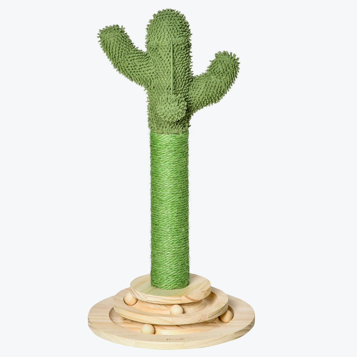 Cat Scratching Post Cactus Design, Pine Wood & Sisal Rope, With Wooden Ball Toy, 60Cm, Green+Natural