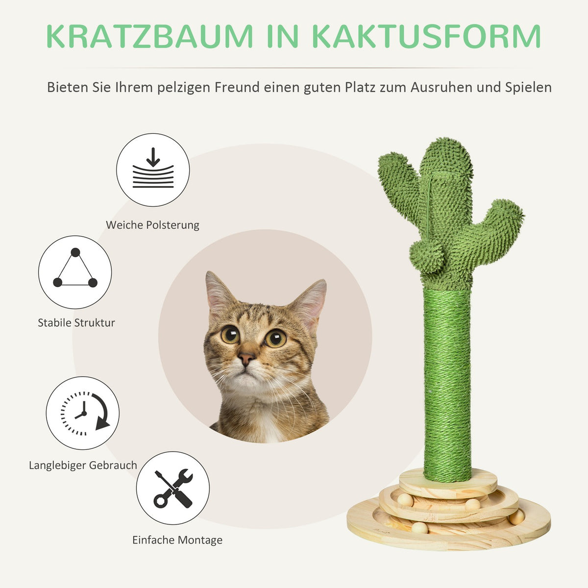 Cat Scratching Post Cactus Design, Pine Wood & Sisal Rope, With Wooden Ball Toy, 60Cm, Green+Natural