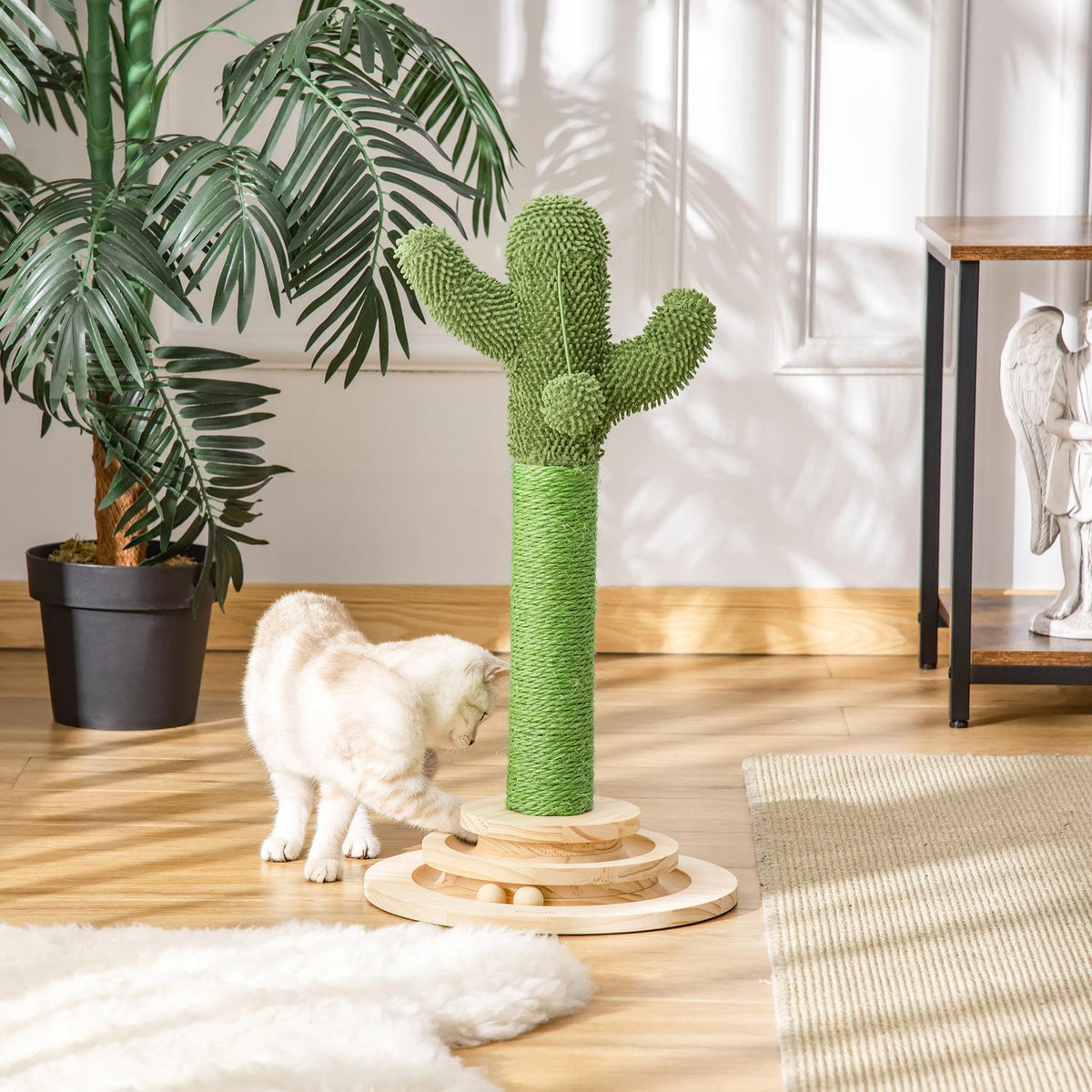 Cat Scratching Post Cactus Design, Pine Wood & Sisal Rope, With Wooden Ball Toy, 60Cm, Green+Natural