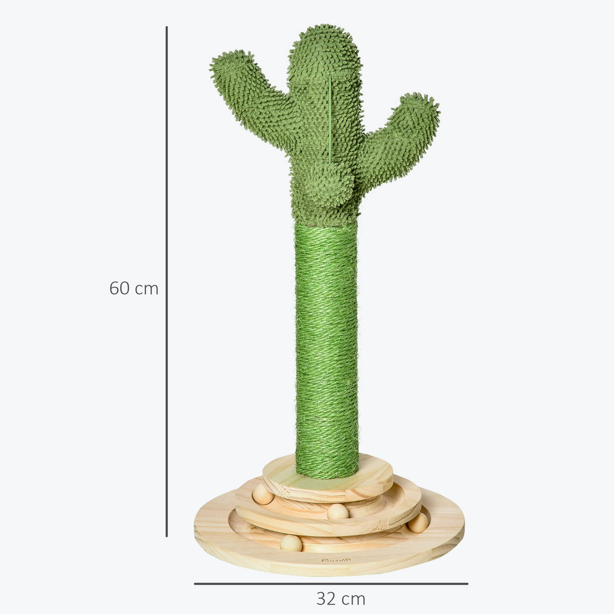 Cat Scratching Post Cactus Design, Pine Wood & Sisal Rope, With Wooden Ball Toy, 60Cm, Green+Natural