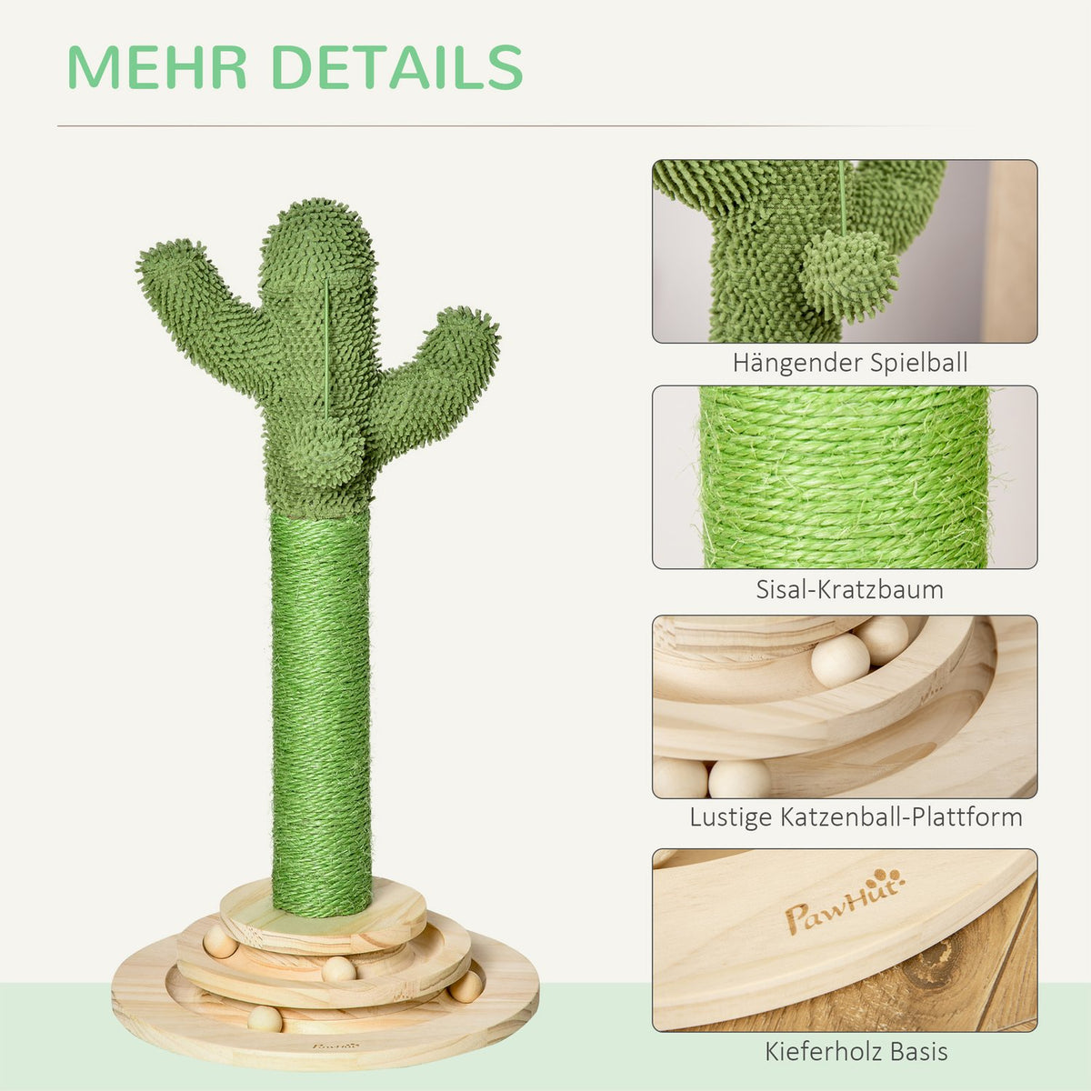 Cat Scratching Post Cactus Design, Pine Wood & Sisal Rope, With Wooden Ball Toy, 60Cm, Green+Natural