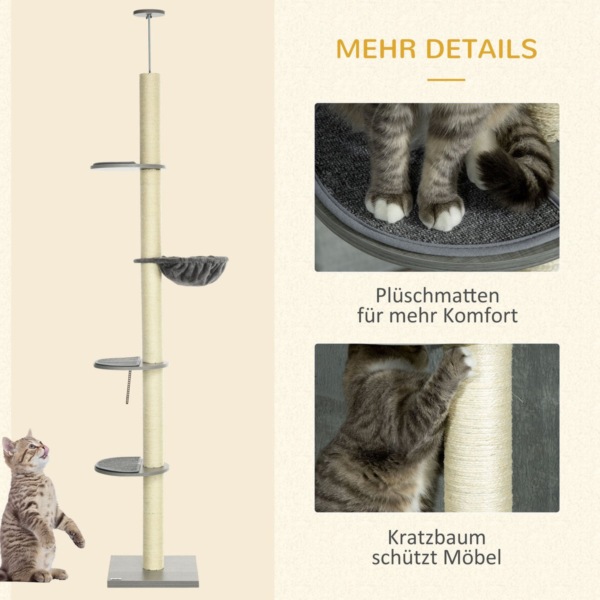 Cat Scratching Post Ceiling Height 230-250 Cm, With Hammock, Height Adjustable, Gray + Cream White