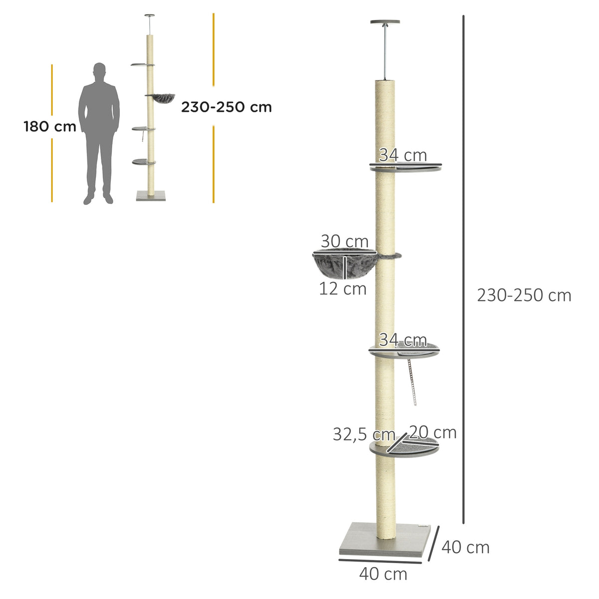 Cat Scratching Post Ceiling Height 230-250 Cm, With Hammock, Height Adjustable, Gray + Cream White