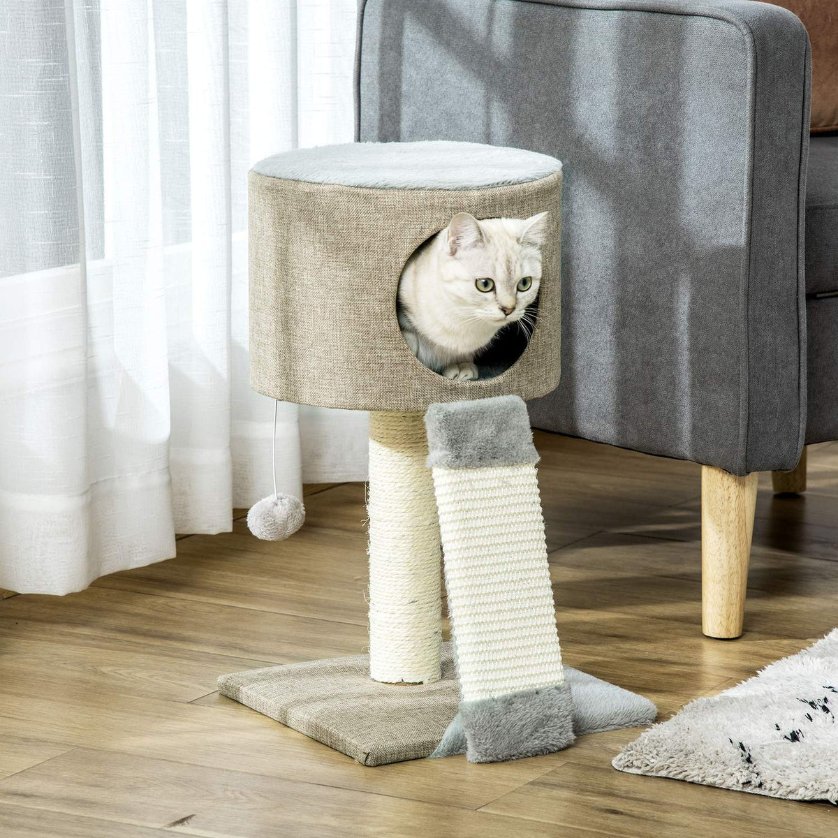 Cat Scratching Post Climbing Tree With Play Ball, Cat Box, Grey, 30X30X50Cm