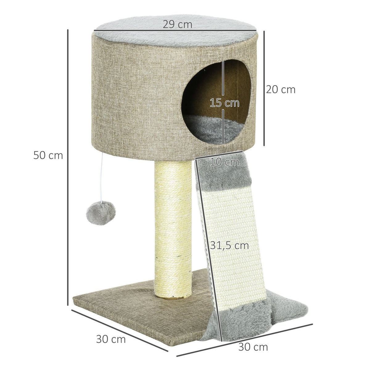 Cat Scratching Post Climbing Tree With Play Ball, Cat Box, Grey, 30X30X50Cm