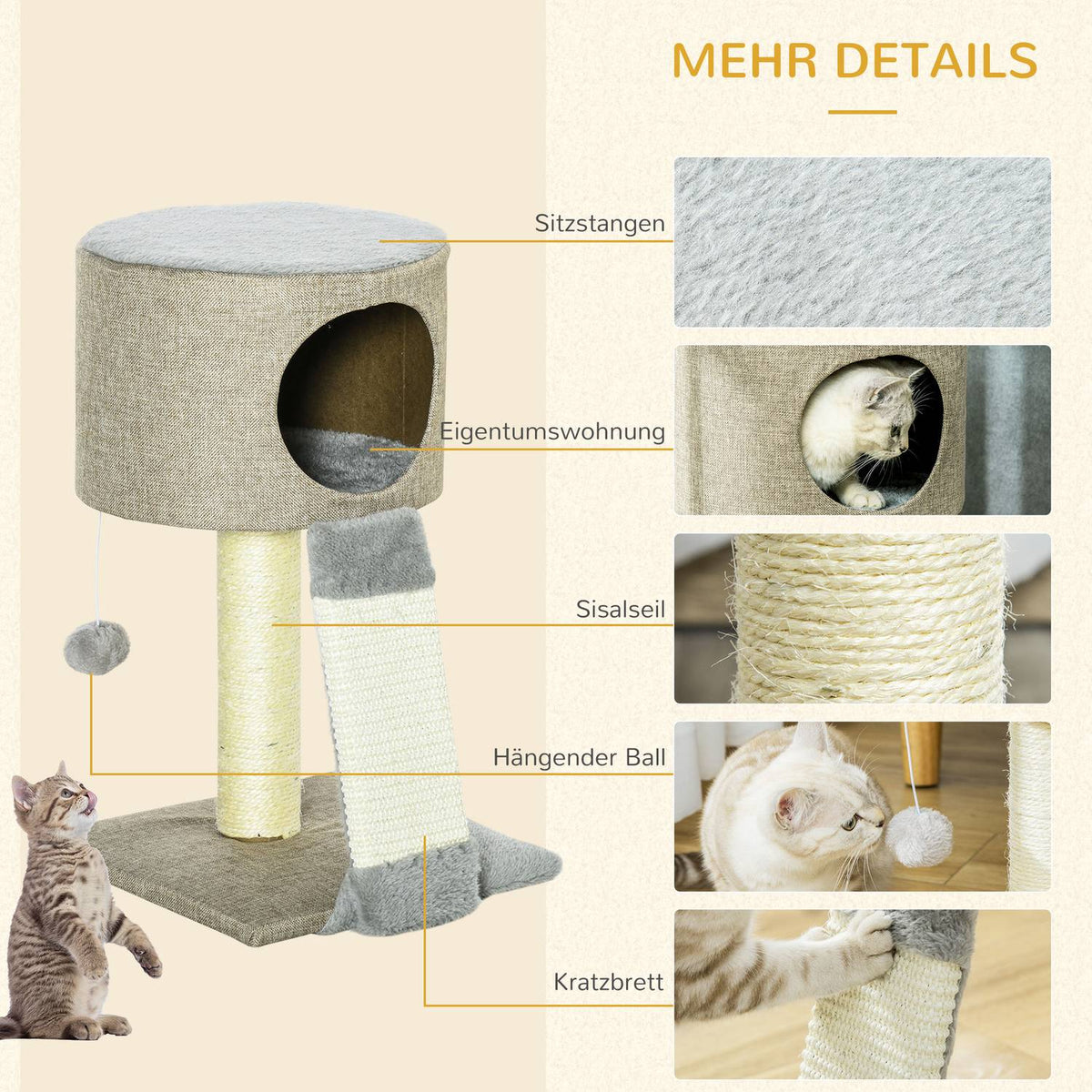 Cat Scratching Post Climbing Tree With Play Ball, Cat Box, Grey, 30X30X50Cm