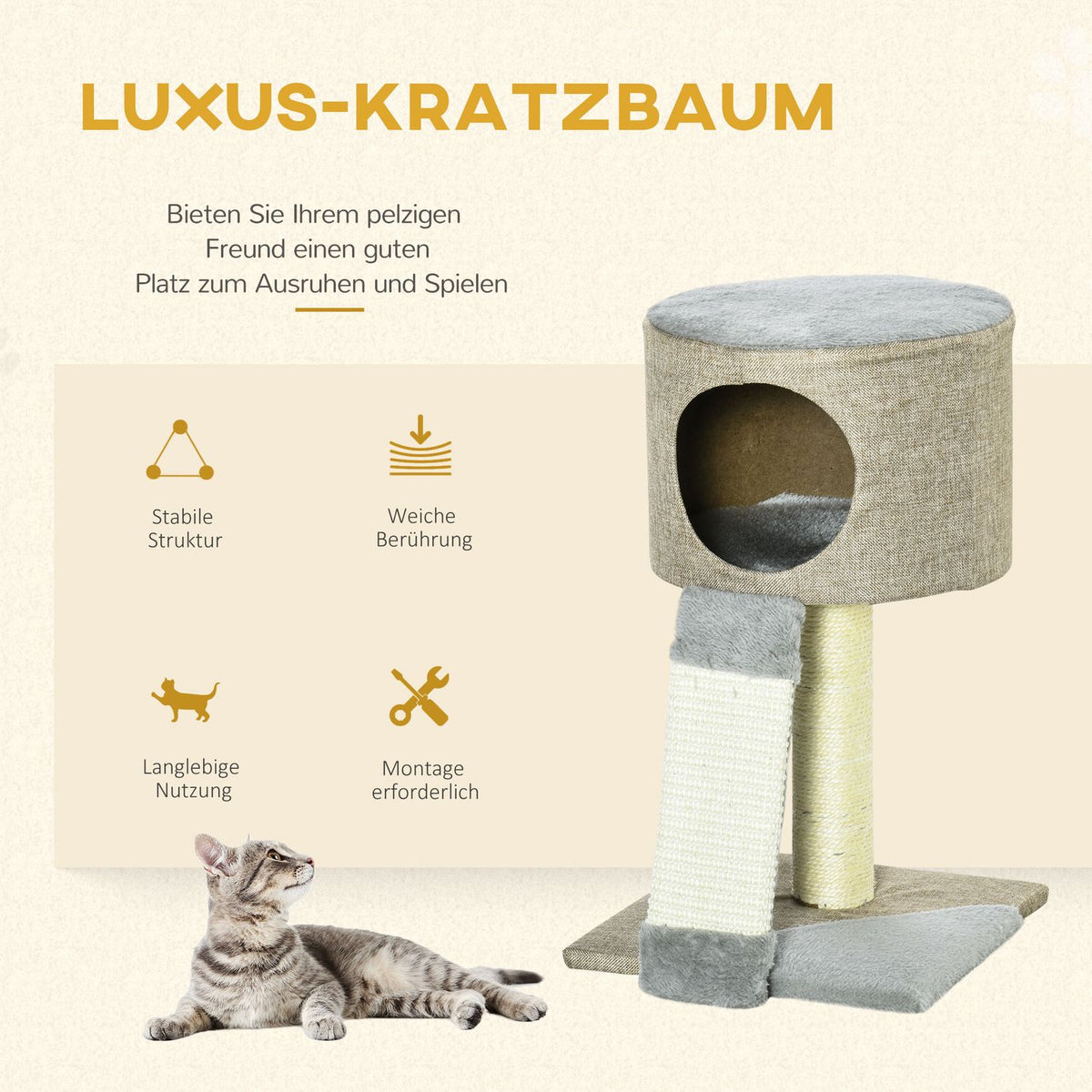 Cat Scratching Post Climbing Tree With Play Ball, Cat Box, Grey, 30X30X50Cm