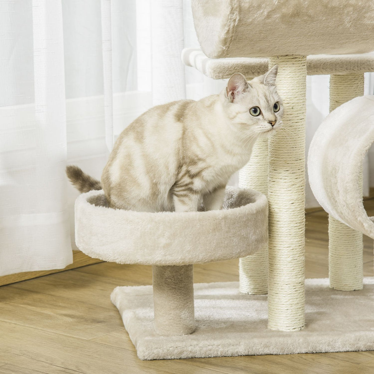 Cat Scratching Post Climbing Tree With Toy Tunnel, Beige, L50Xw40Xh105 Cm