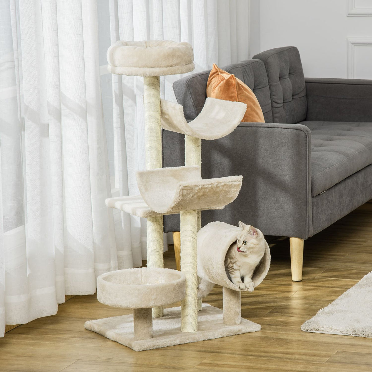 Cat Scratching Post Climbing Tree With Toy Tunnel, Beige, L50Xw40Xh105 Cm