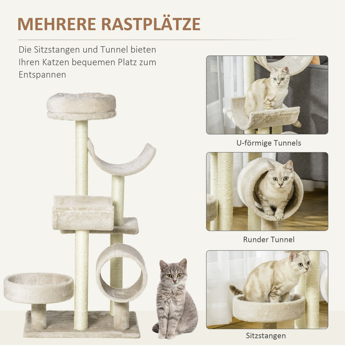 Cat Scratching Post Climbing Tree With Toy Tunnel, Beige, L50Xw40Xh105 Cm