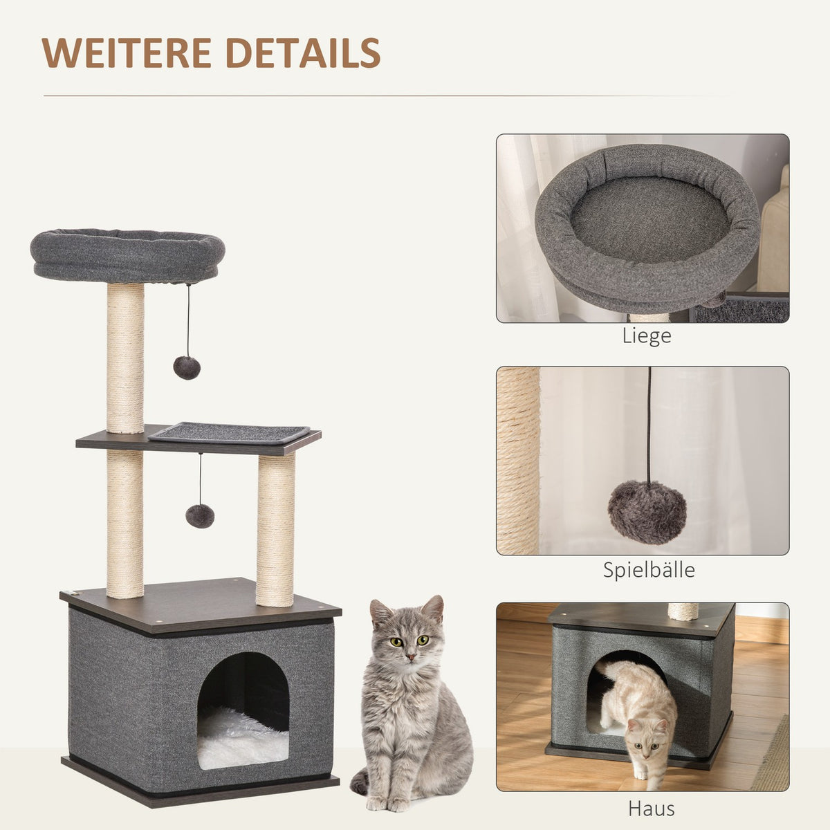 Cat Scratching Post Dark Gray Climbing Tree With Play Options, Play Sisal & Play Rope, Pb Board, Sisal, 40X40X104Cm