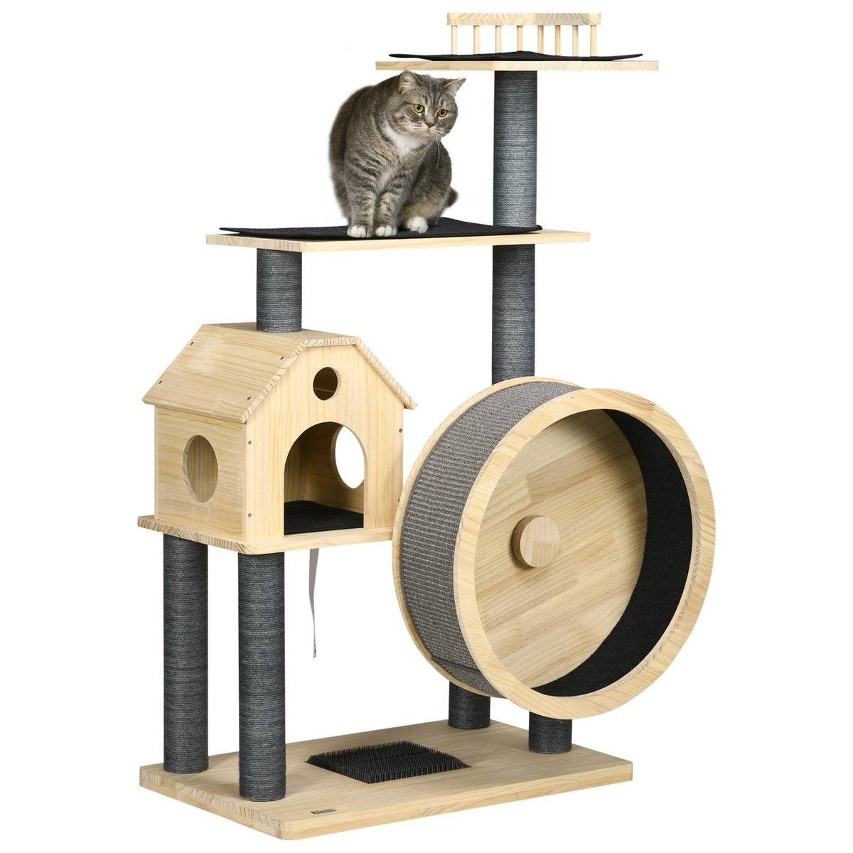 Cat Scratching Post House With Balance Wheel, 4 Tier, Sisal Columns, Cat Cave Made Of Pine Wood, Natural, 80X50X143Cm