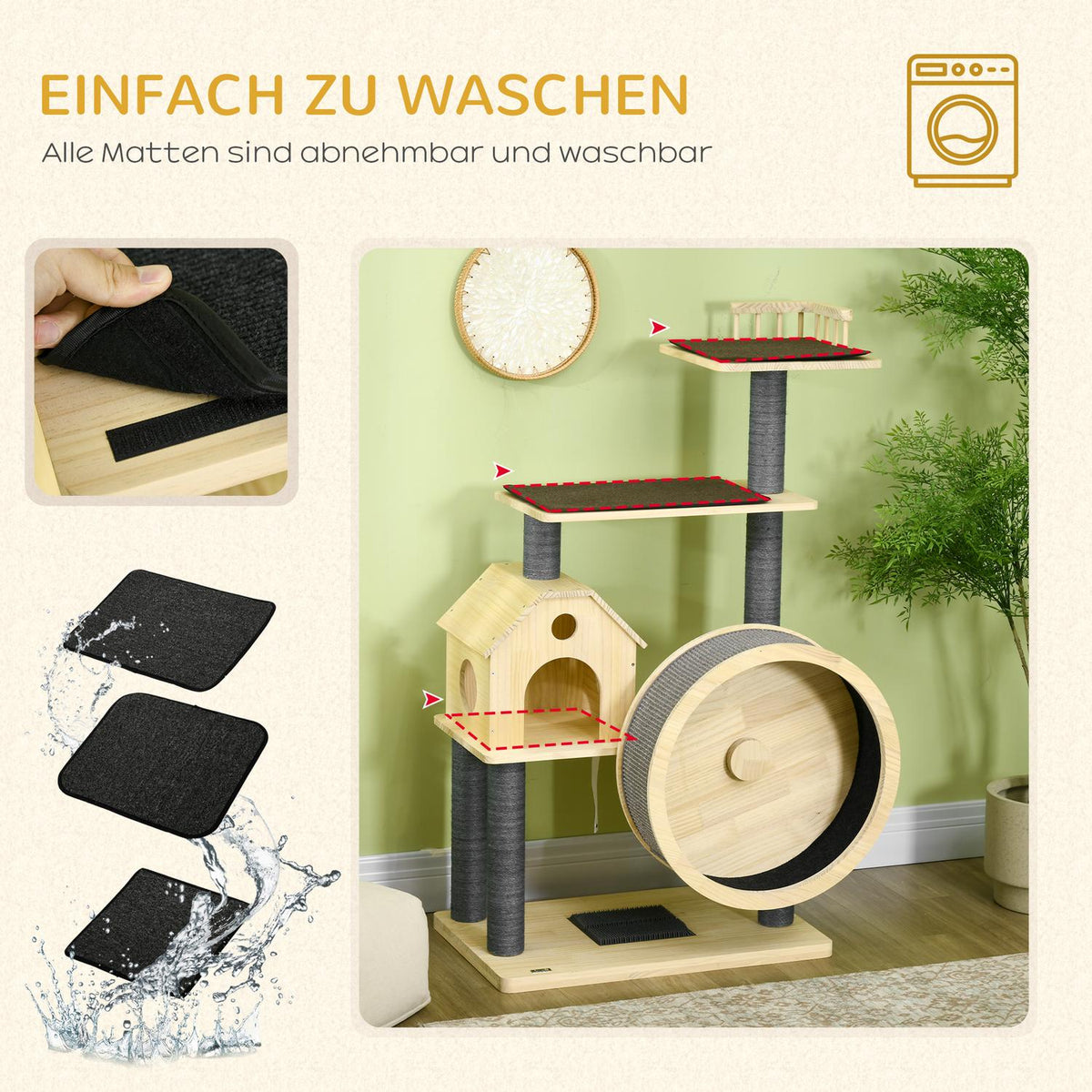 Cat Scratching Post House With Balance Wheel, 4 Tier, Sisal Columns, Cat Cave Made Of Pine Wood, Natural, 80X50X143Cm
