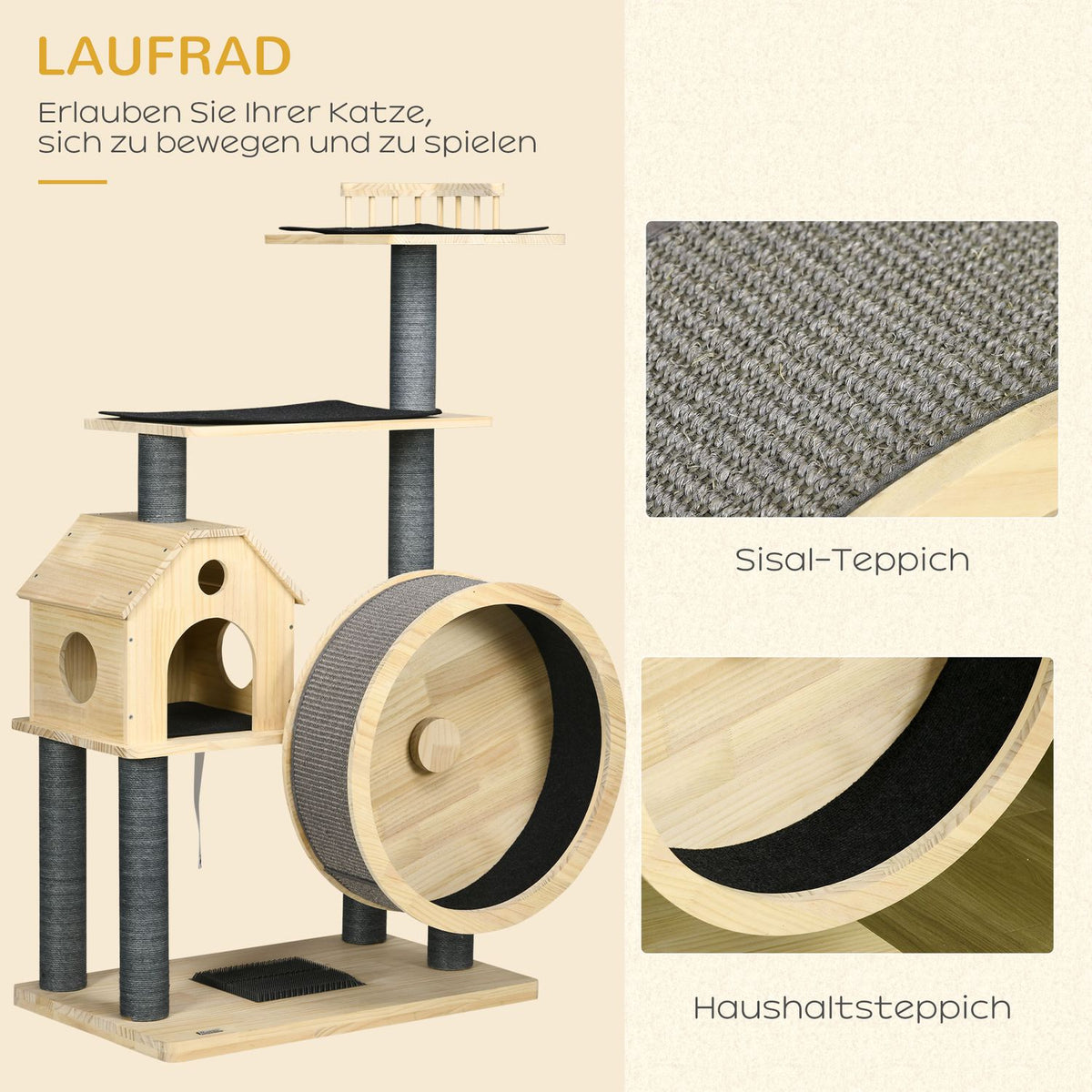 Cat Scratching Post House With Balance Wheel, 4 Tier, Sisal Columns, Cat Cave Made Of Pine Wood, Natural, 80X50X143Cm